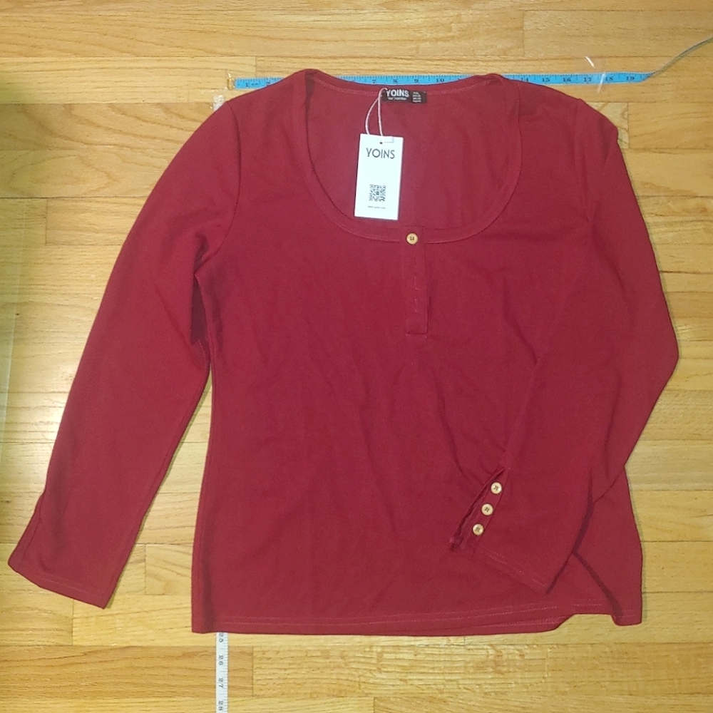 Ribbed Lightweight Sweater Buttons Red Burgundy Henley Yoins Women's XXL